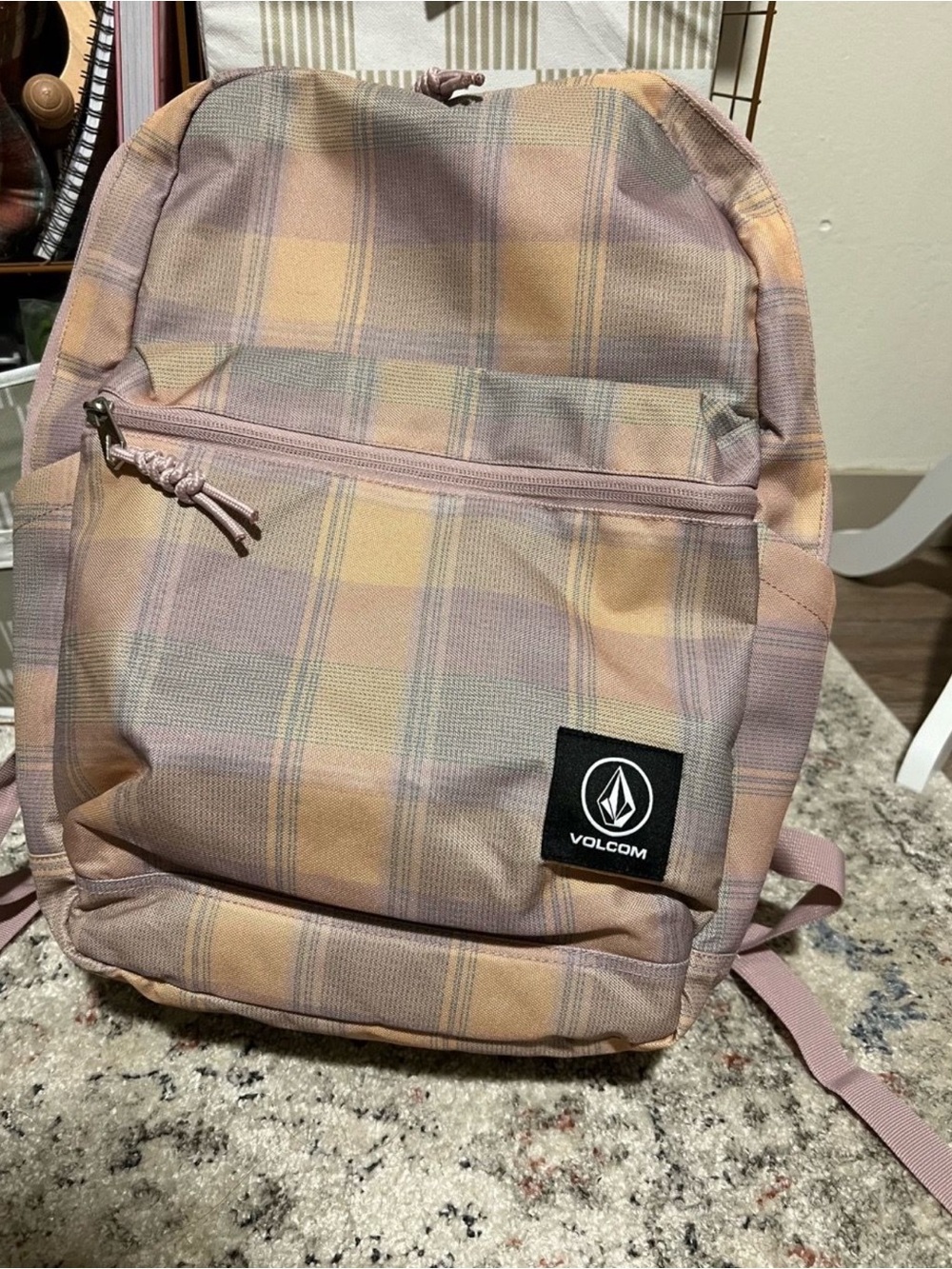 Volcom Plaid Backpack in Pink and Tan